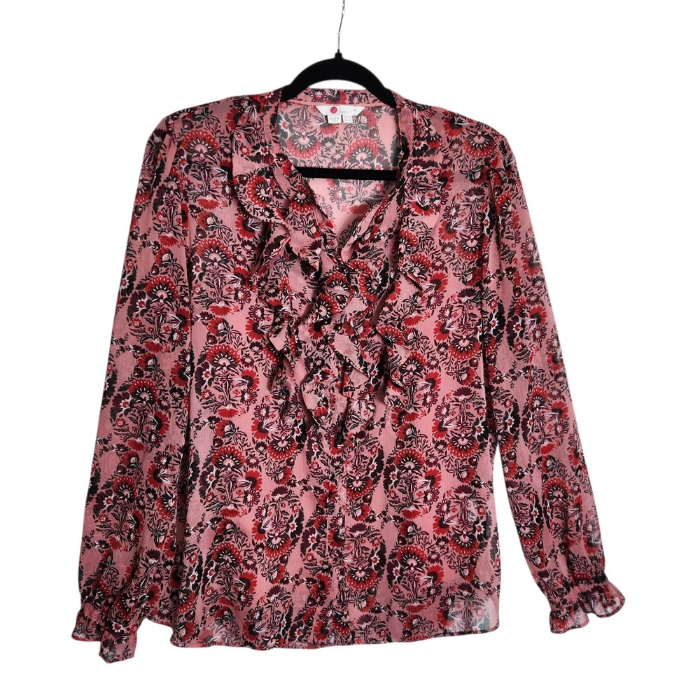 Boden Pink Red Floral Ruffle Front Blouse Long Sleeve Sheer Lined Top US 10